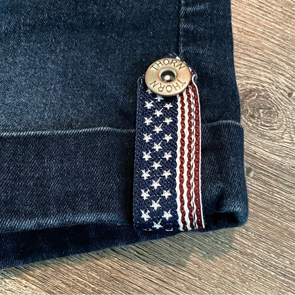 THORN Flag Patriotic Mid Rise Jean Shorts, 4” Inseam, Size 6